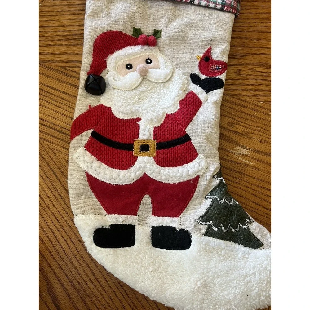 Christmas Stocking Fabric Cloth Beige Santa Plaid Country Rustic Primitive 17